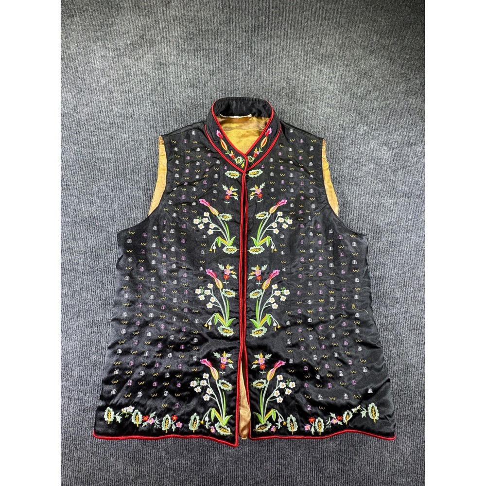 Jinfuren Italy Black Satin Floral Embroidered Mandarin Collar Vest XL Hong Kong